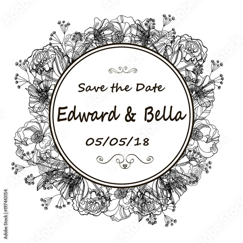 Vintage wedding invitation. Hand drawn vector meadow flowers and roses. Black and white illustration.