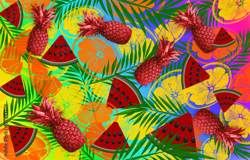 Fruit background, lemons, tropical leaves, pineapples, watermelon