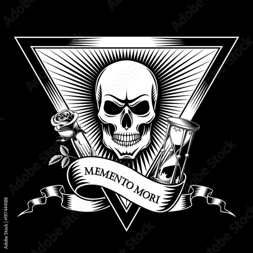 Memento mori - Be mindful of death. Skull in triangle, rose and hourglass print.