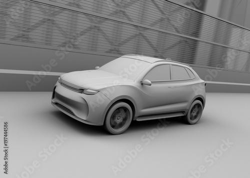 Clay model rendering of autonomous electric SUV driving on the highway. 3D rendering image.