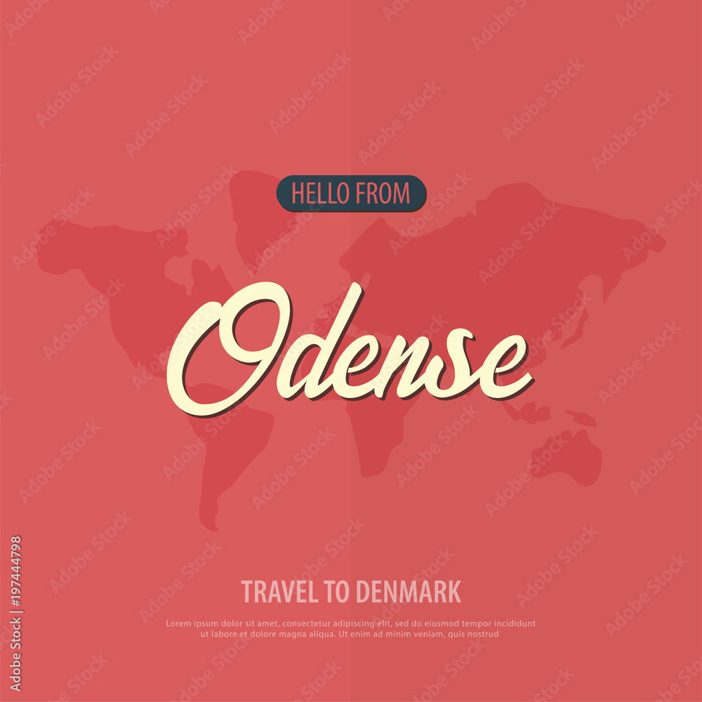 Hello from Odense. Travel to Denmark. Touristic greeting card. Vector illustration