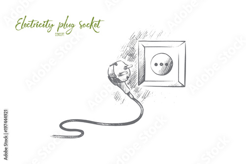 Electricity plug socket concept. Hand drawn electric socket and plug. Plug with cable isolated vector illustration.