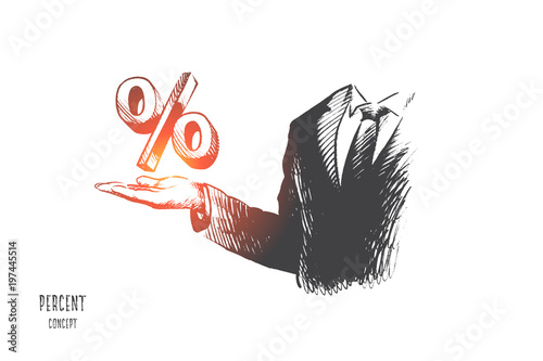 Percent concept. Hand drawn businessman hand with percent sign. Percent symbol on mans hand isolated vector illustration.