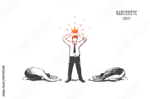 Narcissistic concept. Hand drawn narcissistic man with crown on head. Male person in white shirt and people worships to him isolated vector illustration. photo