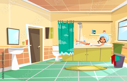 Vector cartoon beautiful girl having bath in bathtub. Illustration with female character, cute woman relaxing in bubble shampoo soap washing taking shower. Body care hygiene, healthy lifestyle concept
