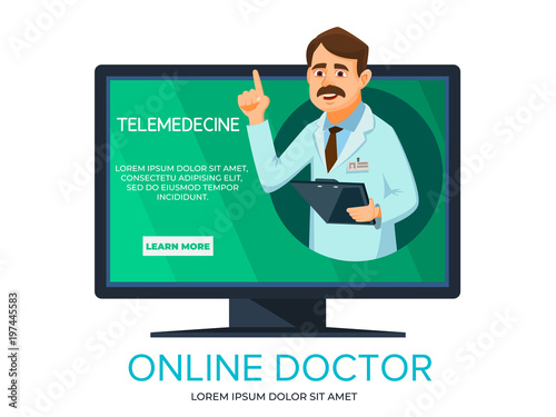 Vector cartoon online doctor. Illustration with man doctor providing consultation from computer screen. Telehealth medical communication technology concept, telemedicine service banner template