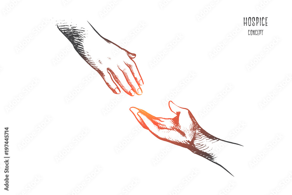 Hospice concept. Hand drawn one person ready help to another. Hand holding elder hand in hospice care isolated vector illustration. - obrazy, fototapety, plakaty 