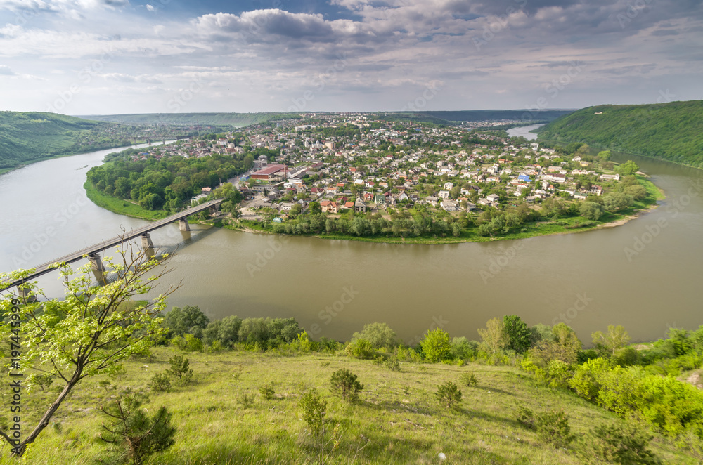 Dnister River and Zalishchyky city in summer, viewpoint in Khreshchatyk village, Ukraine