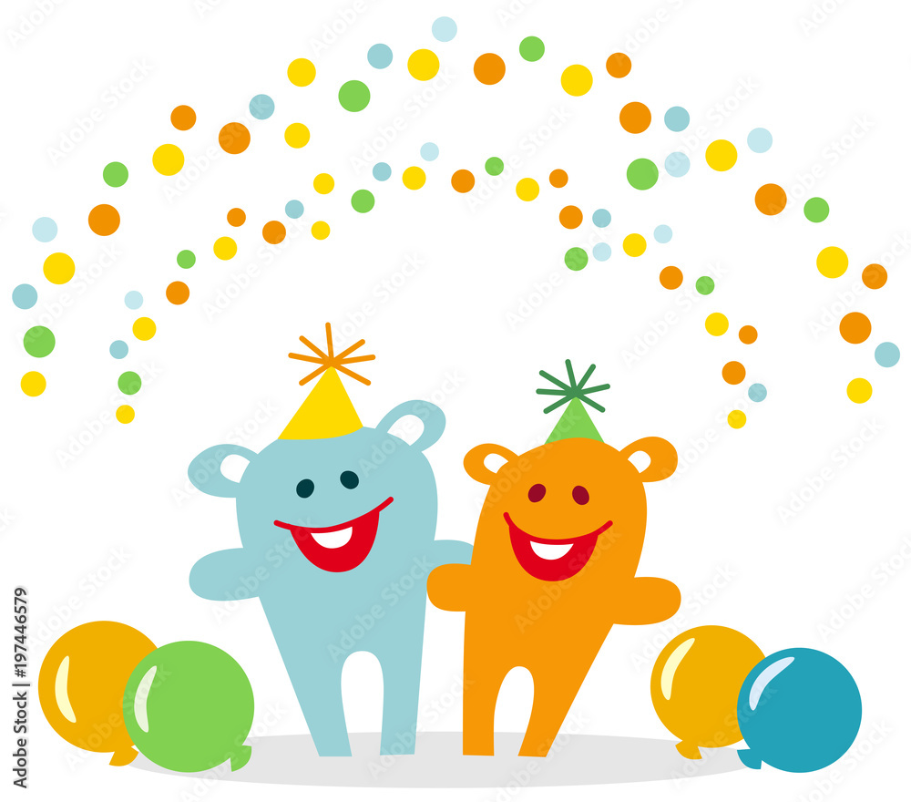 Two laughing party animals are celebrating arm in arm between balloons and under a shower of confetti Two laughing party animals are celebrating arm in arm between balloons and under a shower of confetti
