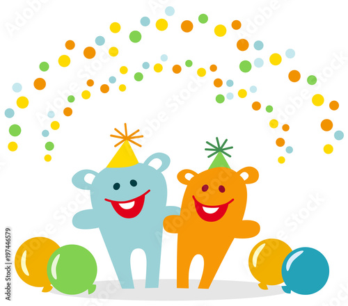 Two laughing party animals are celebrating arm in arm between balloons and under a shower of confetti 