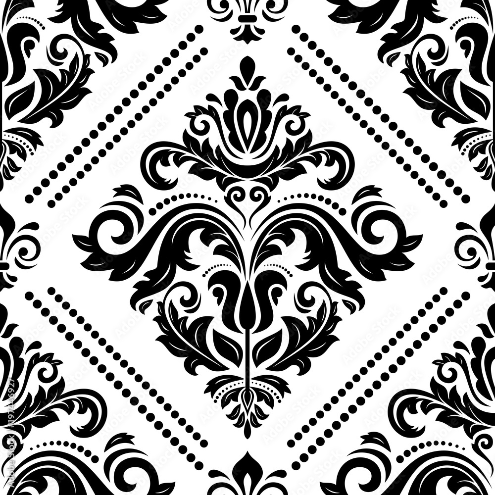 Damask classic black and white pattern. Seamless abstract background with repeating elements. Orient background