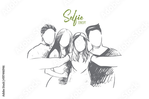 Selfie concept. Hand drawn group of people taking selfie. Friends taking selfie and laughing isolated vector illustration.