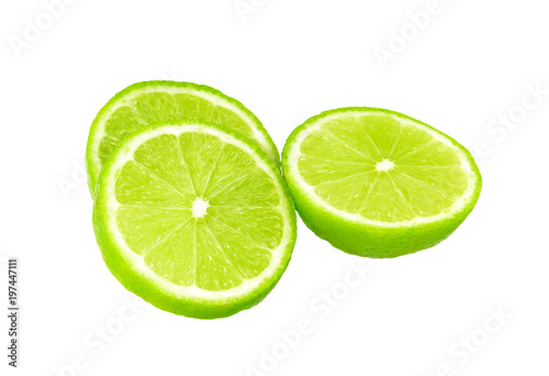 Lime with half isolated on white, lemon sliced