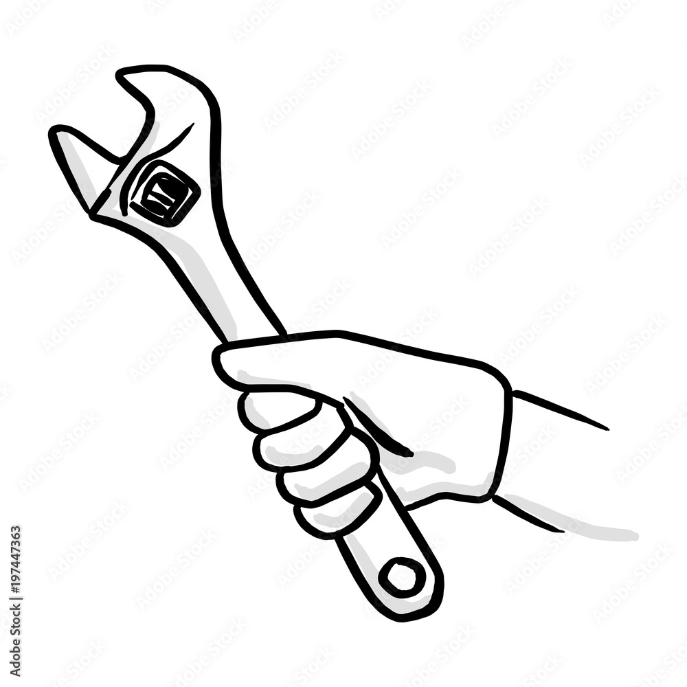 close-up hand holding big wrench vector illustration sketch hand drawn with black lines isolated on white background close-up hand holding big wrench vector illustration sketch hand drawn with black lines isolated on white background