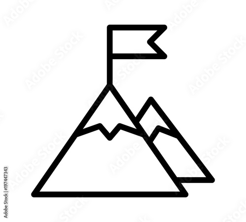 Mountain peak top with flag or goal with high ambitions line art vector icon for apps and websites