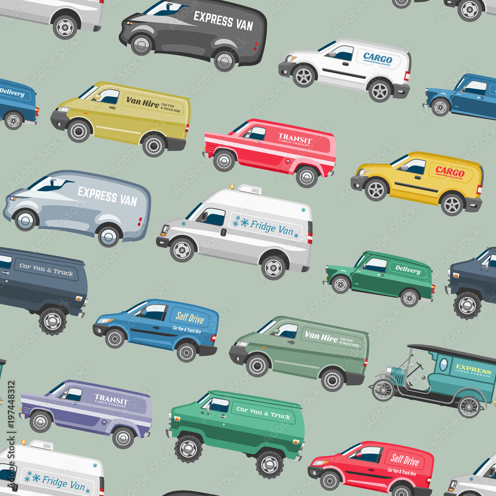 Van car vector minivan delivery cargo auto vehicle family minibus truck and automobile banner isolated van citycar on seamless pattern background