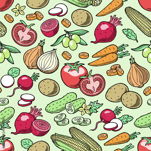 Vegetables vector healthy nutrition of vegetably tomato pepper and carrot for vegetarians eating organic food from grocery illustration vegetated set diet isolated seamless pattern background photo