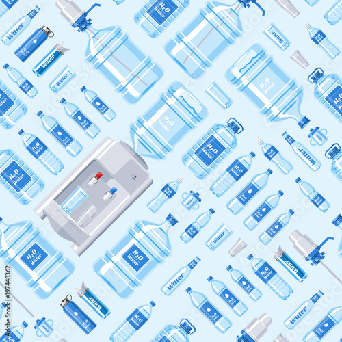 Water bottle vector water drink liquid aqua bottled in plastic container illustration set of bottling water cooler seamless pattern background