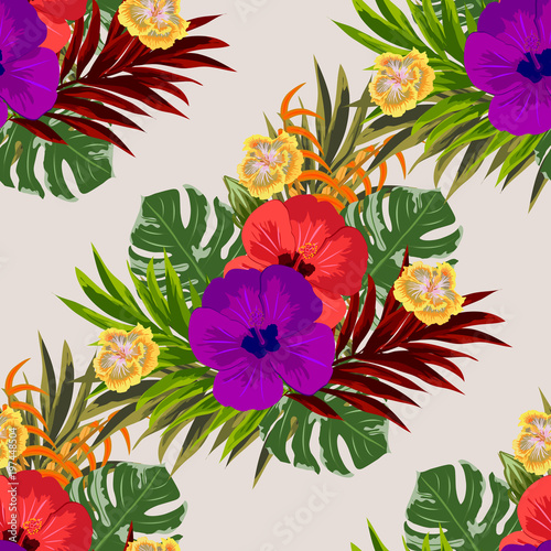 Seamless tropical background with hibiscuses and exotic leaves. Design for cloth  wallpaper  gift wrapping. Print for silk  calico and home textiles.Vintage natural pattern