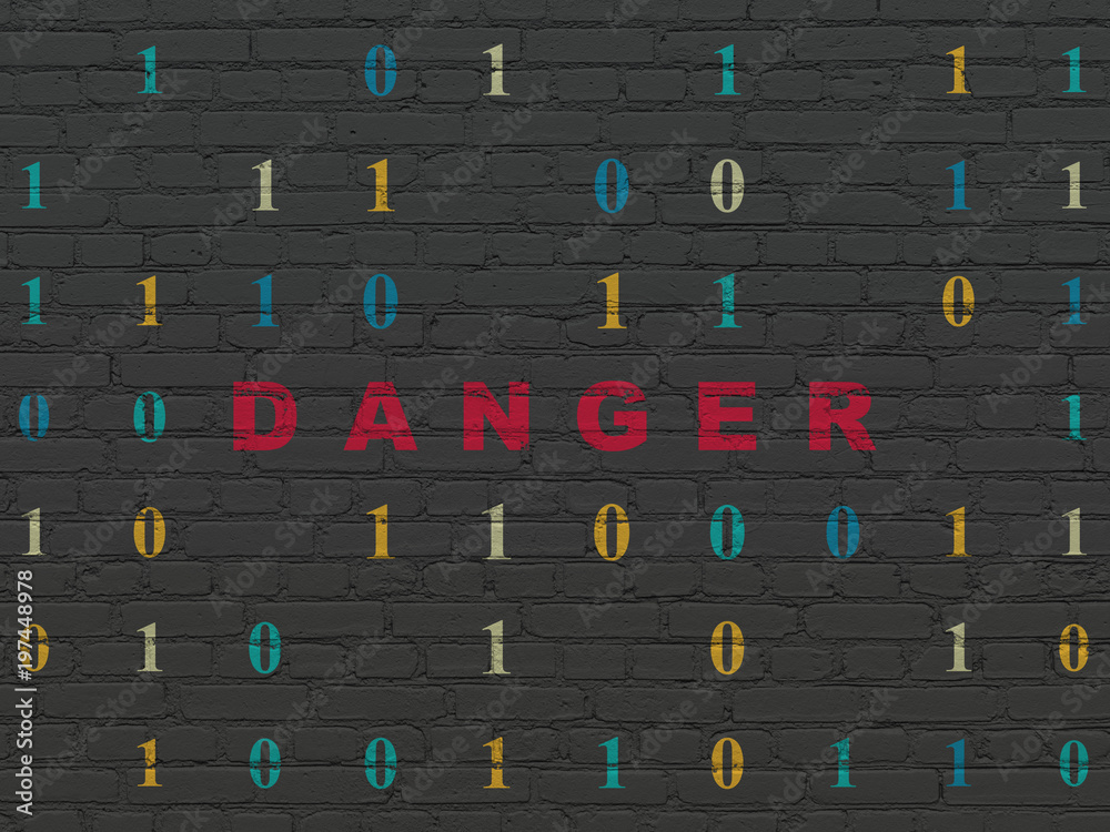 Security concept: Painted red text Danger on Black Brick wall background with Binary Code