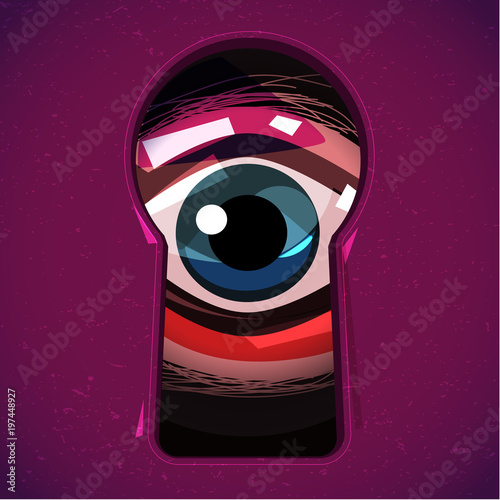 Human eye Looking through a keyhole. Eyes can see you concept. horror or halloween - vector