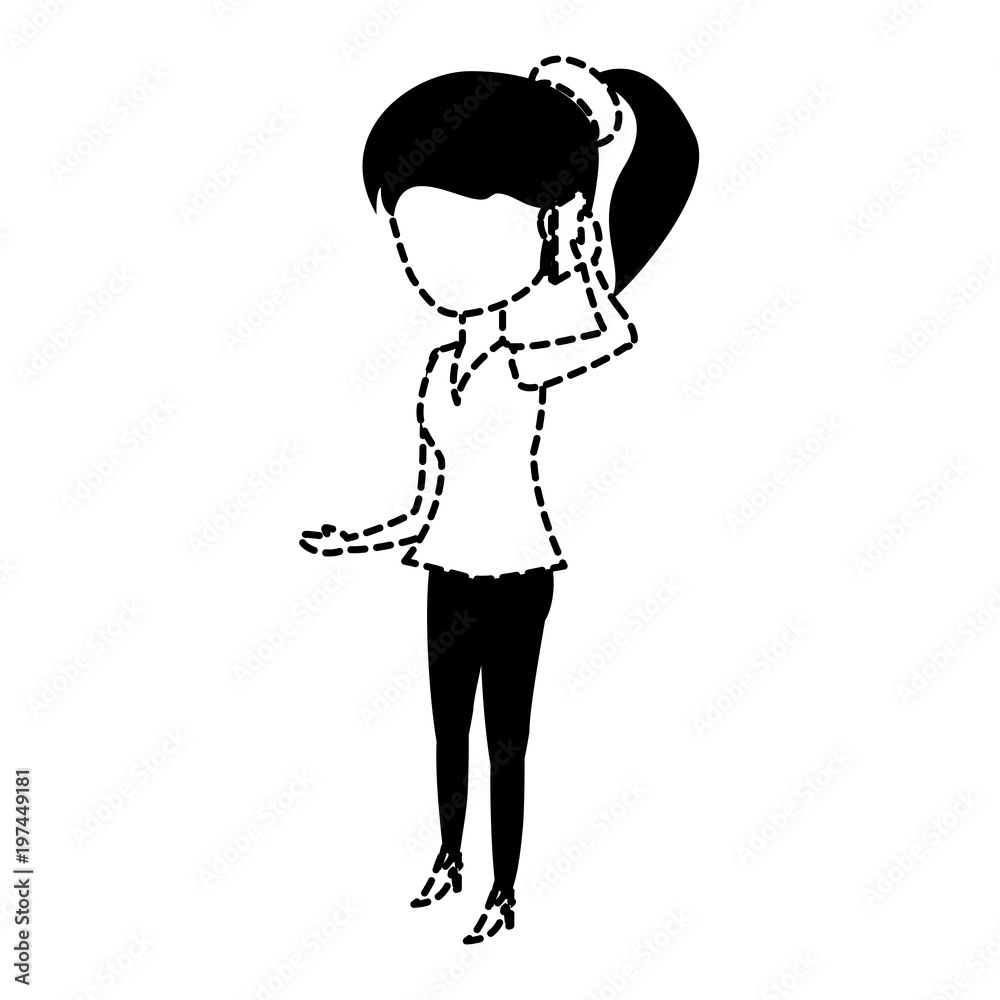 Woman standing and Talking on Cellphone over white background, vector illustration