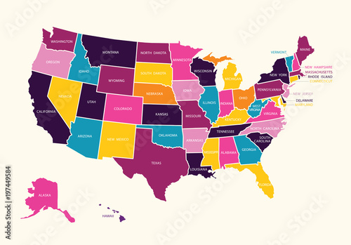Vintage colorful United State of America map with states names. Vector.