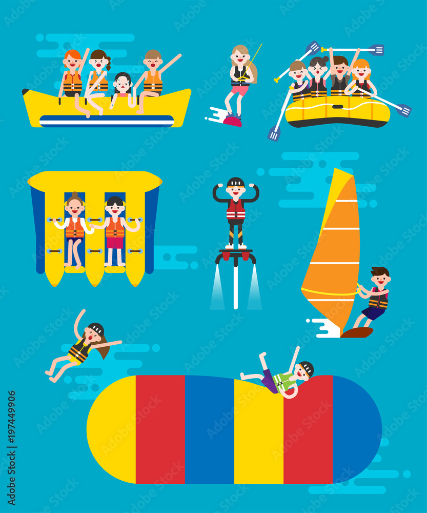 Water sports lovers. vector flat design illustration set 