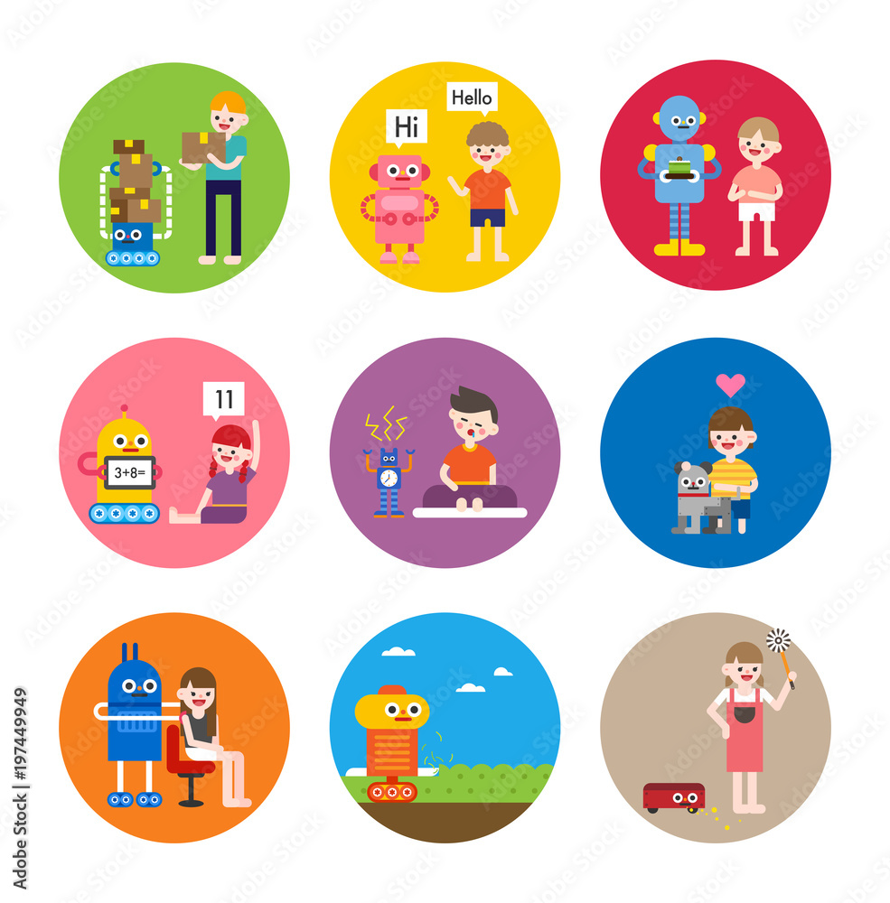Children's robot friends. vector flat design illustration set 