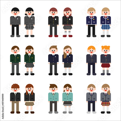 school uniform boy and girl character. vector flat design illustration set 