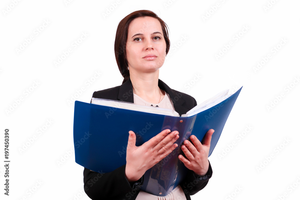 The business woman the brunette keeps the opened folder with documents in a jacket looks directly before herself, on the isolated white background. A portrait on a belt The business woman the brunette keeps the opened folder with documents in a jacket looks directly before herself, on the isolated white background. A portrait on a belt
