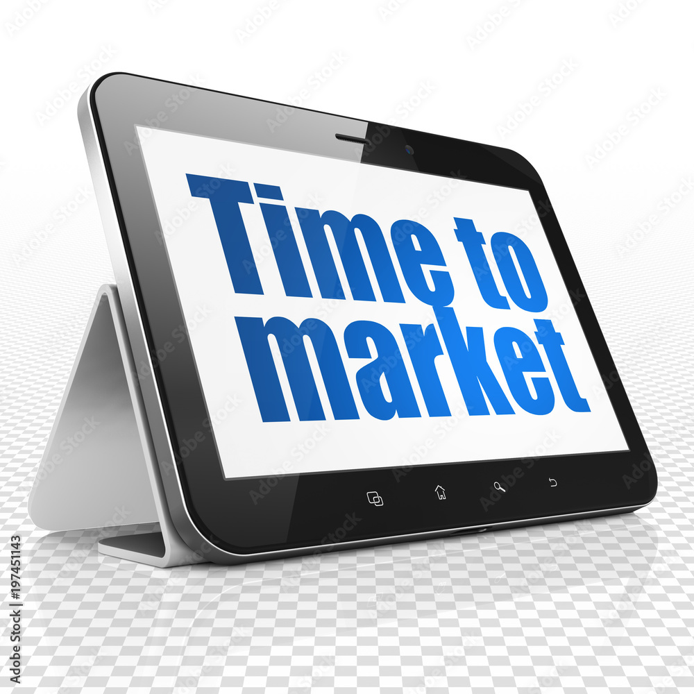 Time concept: Tablet Computer with blue text Time to Market on display, 3D rendering Time concept: Tablet Computer with blue text Time to Market on display, 3D rendering