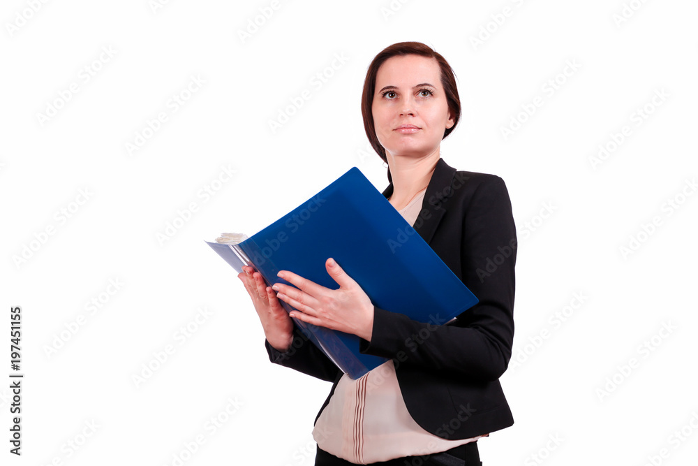 The business woman the brunette keeps the opened folder with documents in a jacket looks directly before herself, on the isolated white background. A portrait on a belt The business woman the brunette keeps the opened folder with documents in a jacket looks directly before herself, on the isolated white background. A portrait on a belt