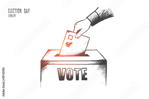 Election day concept. Hand drawn hand of person deliver their vote. Ballot at the polling station isolated vector illustration.