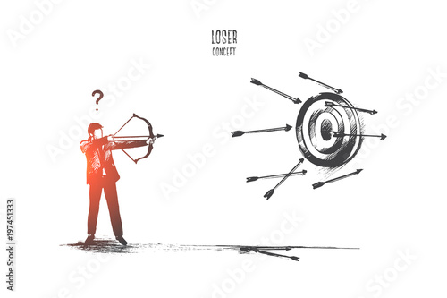 Loser concept. Hand drawn failure in business. Unfortunate attempt to hit the target isolated vector illustration.