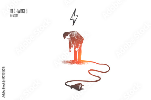 Recharge trainer concept. Hand drawn discharge businessman need to relax. Person needs energy for success isolated vector illustration.