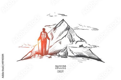 Success concept. Hand drawn person on top of mountain as symbol of success. Man with backpack trekking isolated vector illustration.