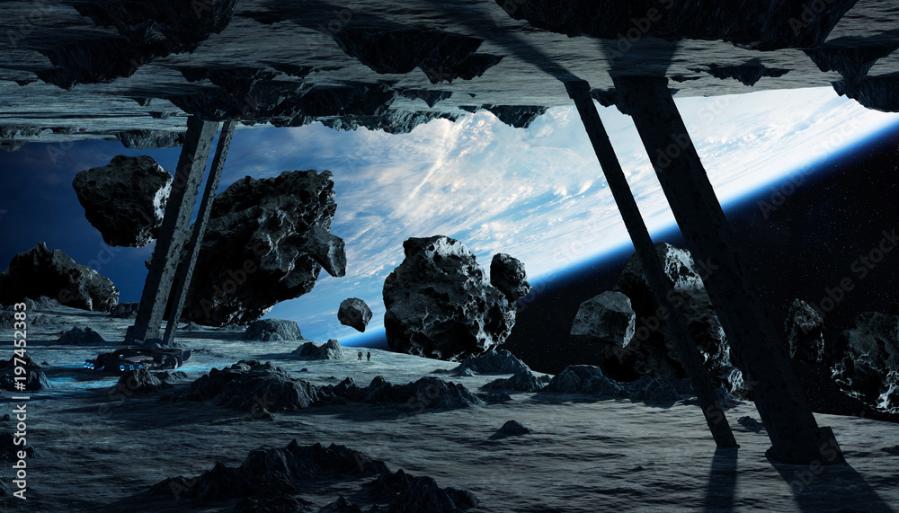 Naklejka premium Astronauts exploring an asteroid spaceship 3D rendering elements of this image furnished by NASA