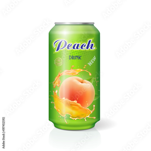 Peach juice in aluminium can. Isolated package design