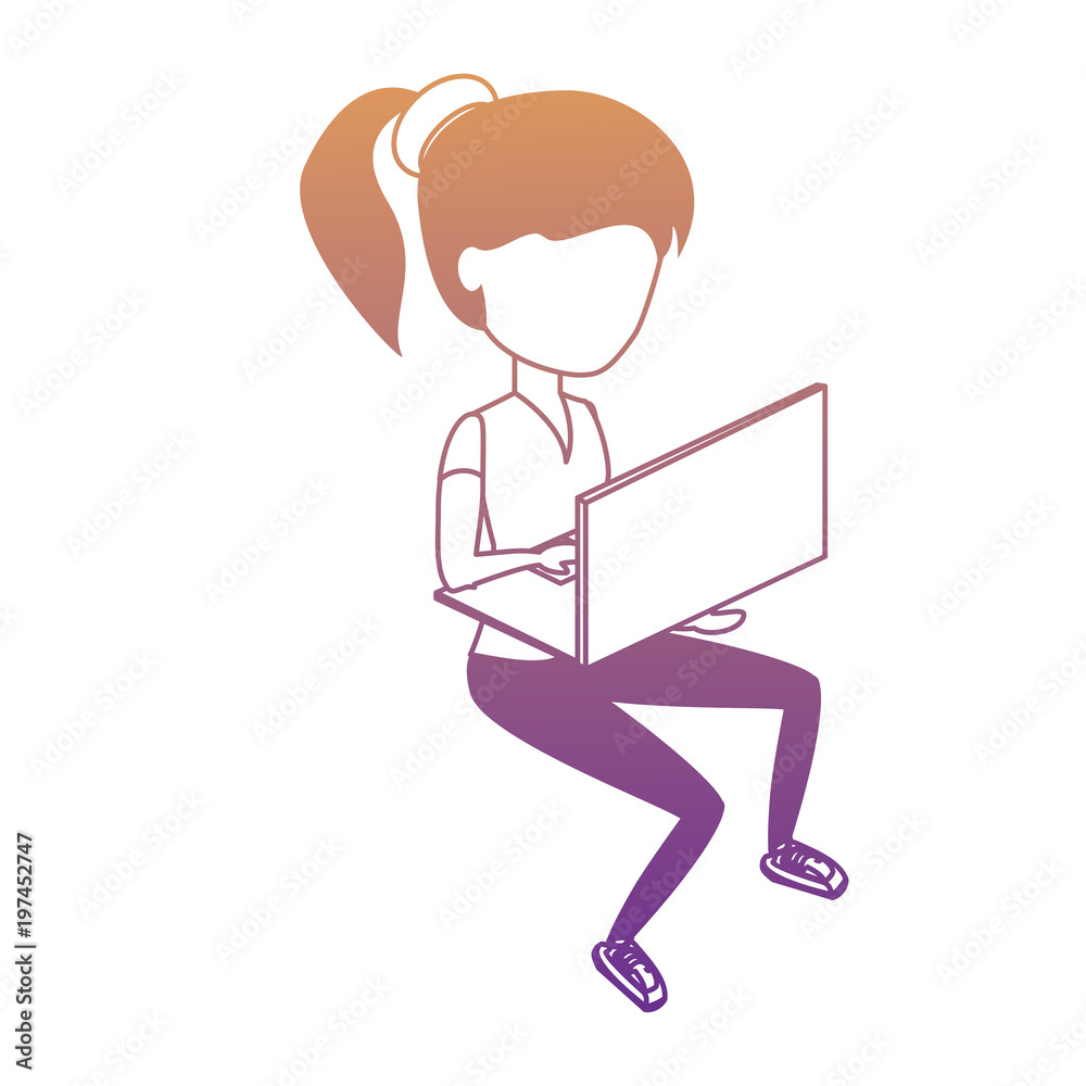 avatar woman sitting and using a laptop computer over white background, colorful design. vector illustration avatar woman sitting and using a laptop computer over white background, colorful design. vector illustration
