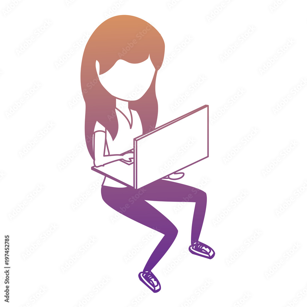 avatar woman sitting and using a laptop computer over white background, colorful design. vector illustration avatar woman sitting and using a laptop computer over white background, colorful design. vector illustration