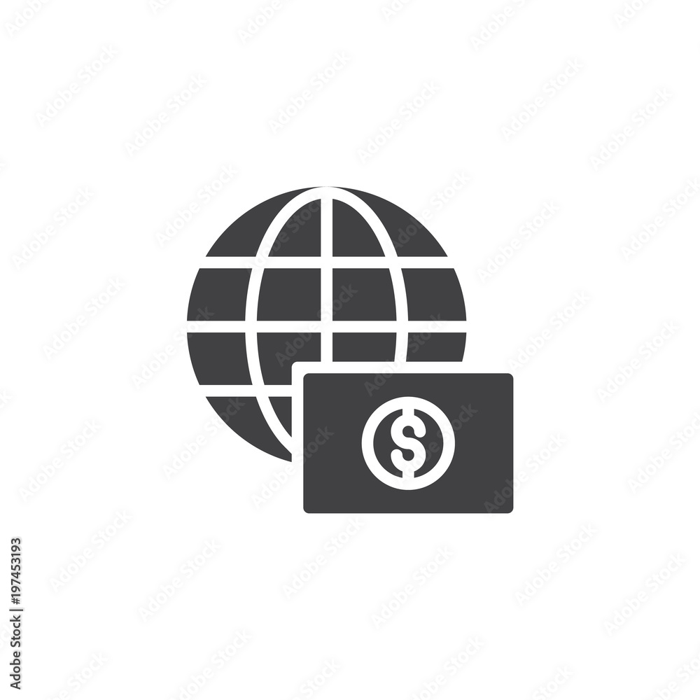Globe with dollar money vector icon. filled flat sign for mobile concept and web design. Worldwide money transfers simple solid icon. Symbol, logo illustration. Pixel perfect vector graphics Globe with dollar money vector icon. filled flat sign for mobile concept and web design. Worldwide money transfers simple solid icon. Symbol, logo illustration. Pixel perfect vector graphics