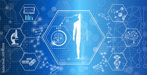 abstract background technology concept in blue light,brain and human body heal ,technology modern medical science in future and global international medical with tests analysis clone DNA human