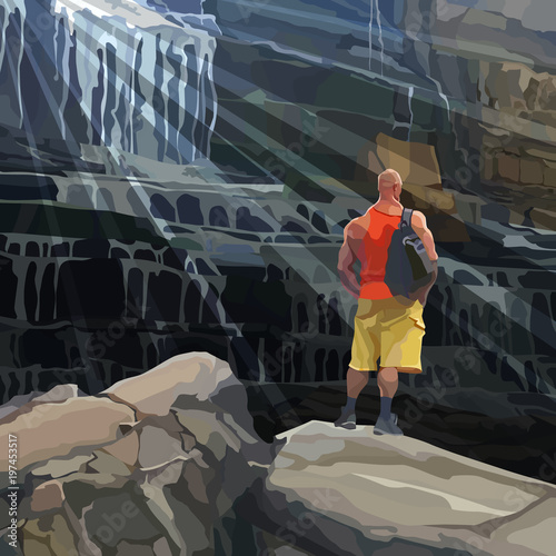 cartoon athletic man stands on a rock beside a huge waterfall