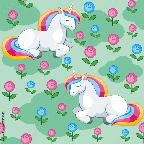 Fairy children seamless pattern with the image of cute unicorns. Colorful vector background in cartoon style.