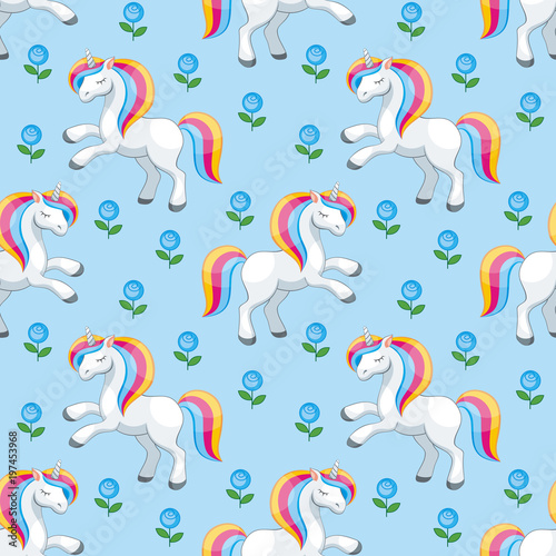 Fairy children seamless pattern with the image of cute unicorns. Colorful vector background in cartoon style.