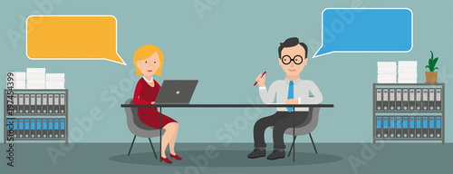 Consulting Woman Notebook Businessman Table Speech Bubbles
