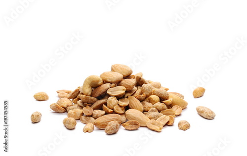 Mix of roasted, salted peanuts, cashew nuts and almonds isolated on white background