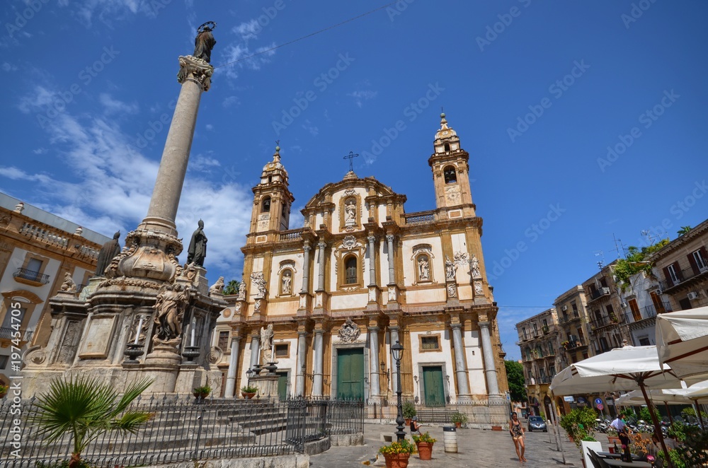 The church of San Domenico and its cloister in Palermo, Sicily, Italy. On the left the column of the immaculate.