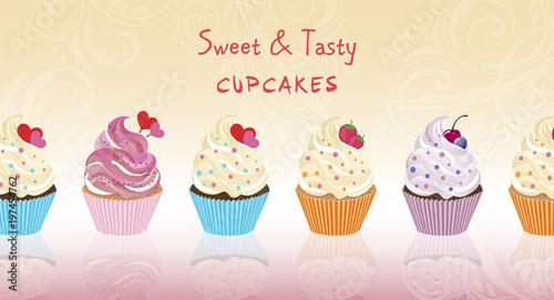 Cupcakes and berries on yellow gradient background for banner  ad  poster  birthday card